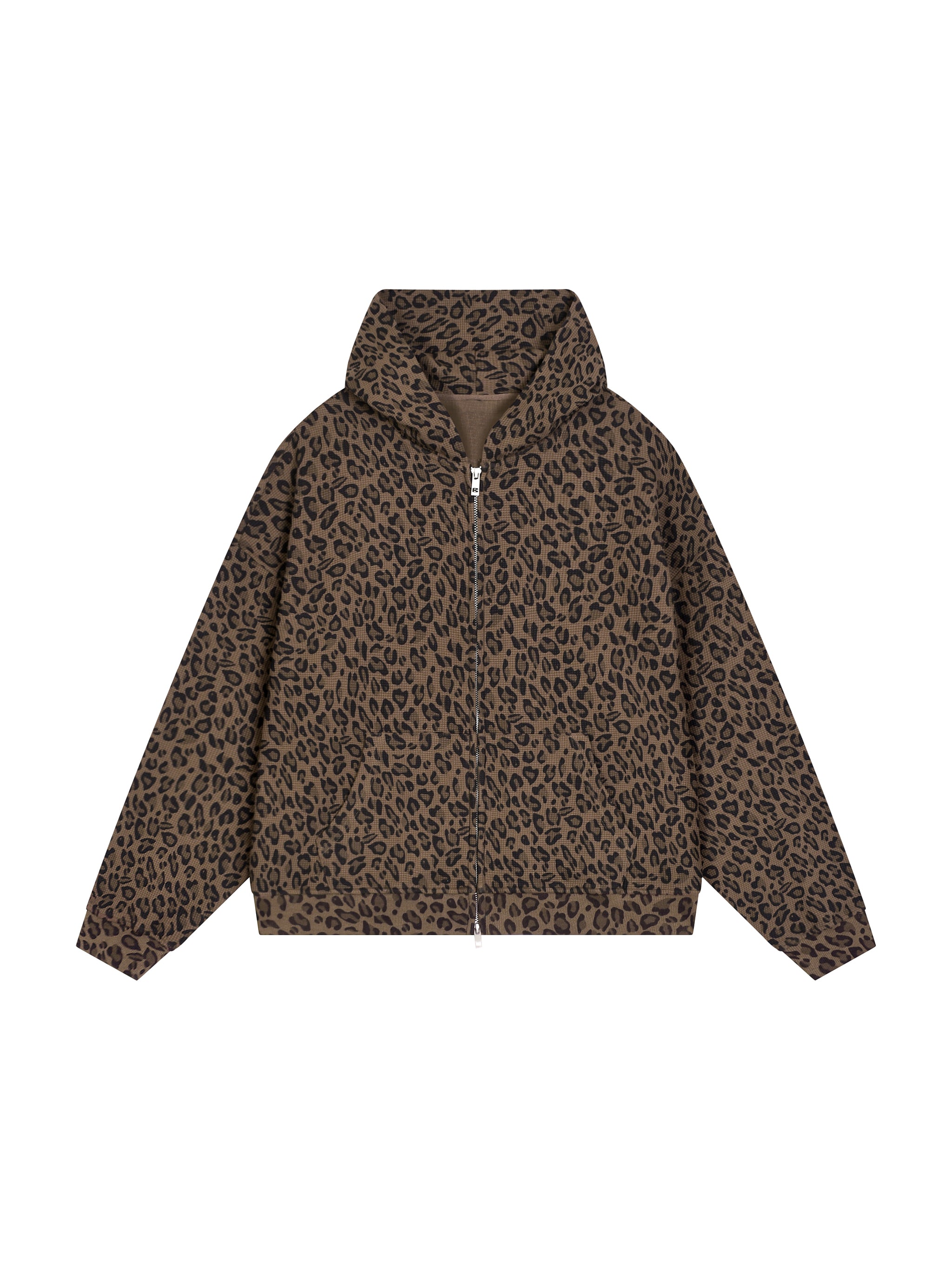 Leopard Print Waffle Full Zip Hoodie
