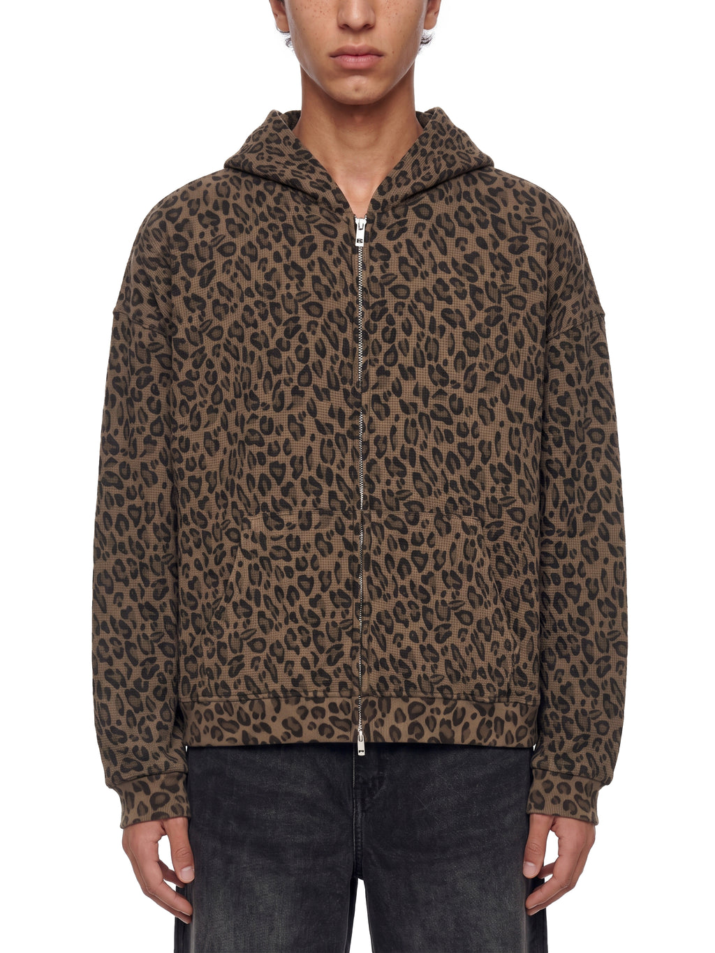 Leopard Print Waffle Full Zip Hoodie