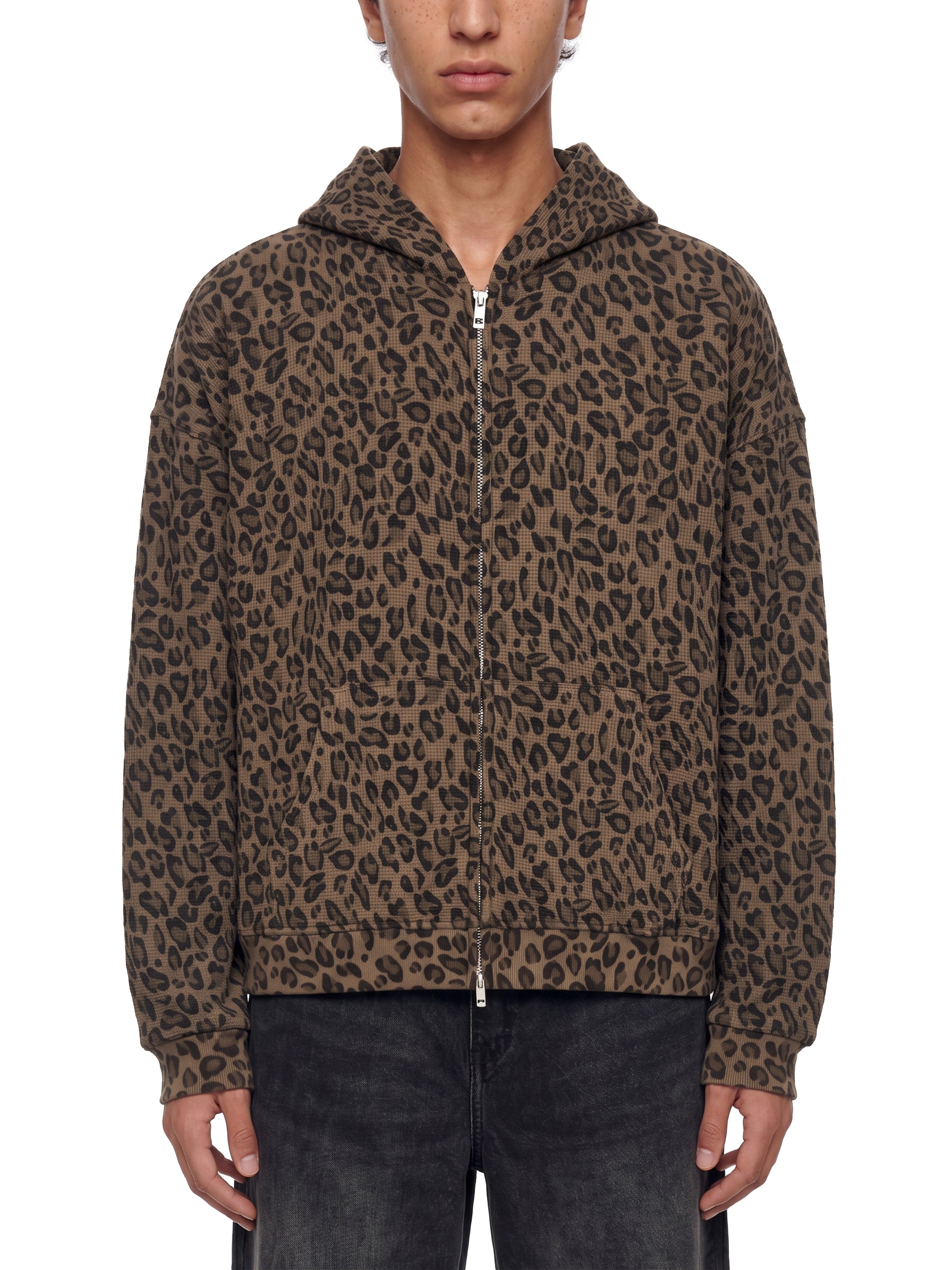 Leopard Print Waffle Full Zip Hoodie