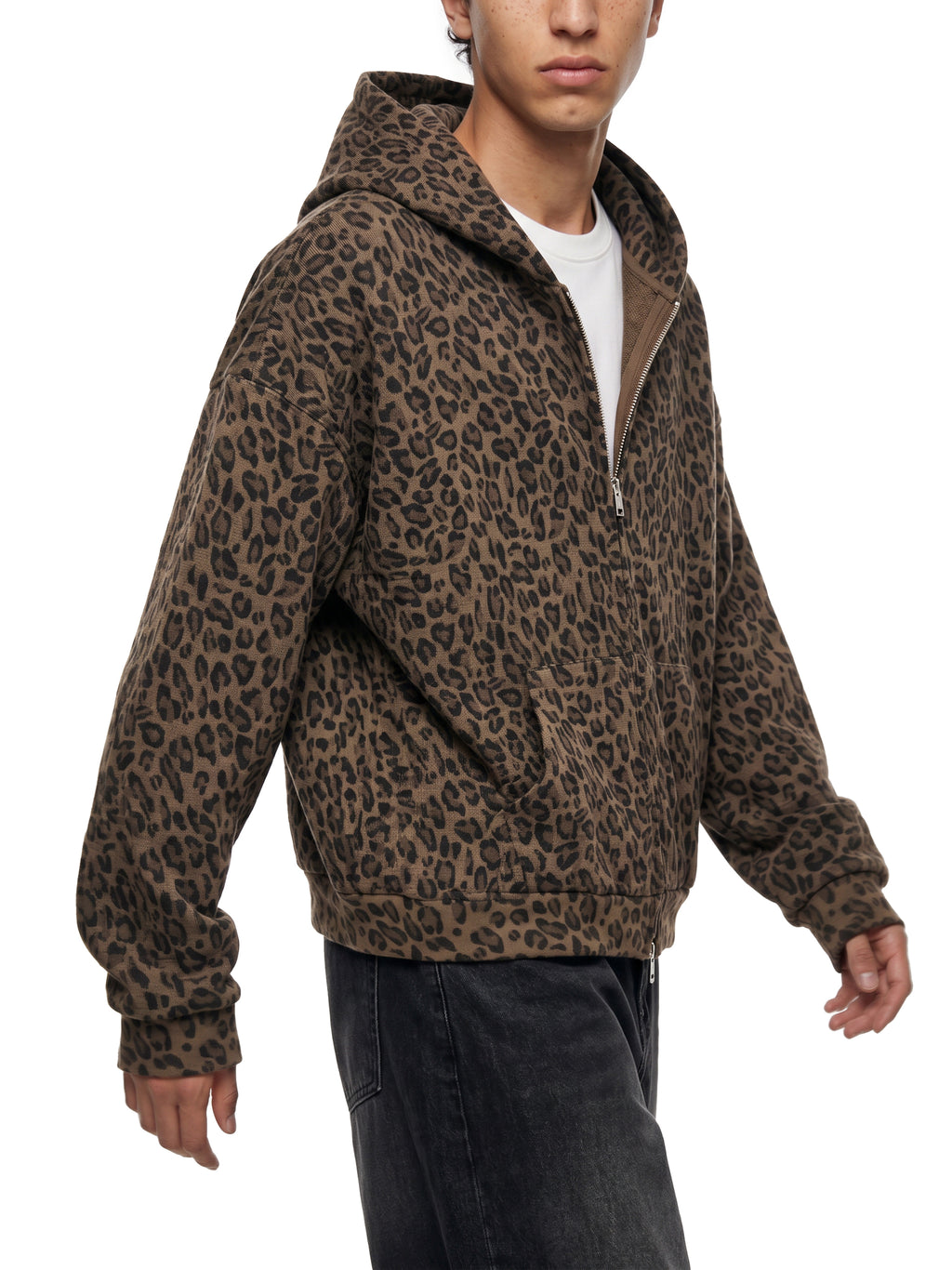 Leopard Print Waffle Full Zip Hoodie