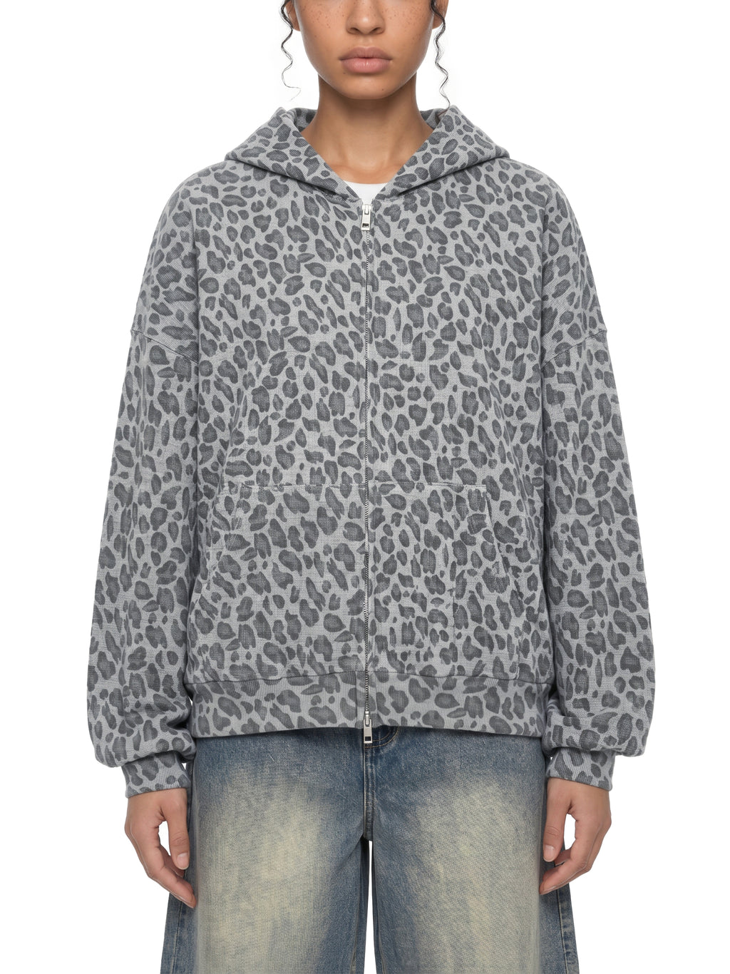 Leopard Print Waffle Full Zip Hoodie
