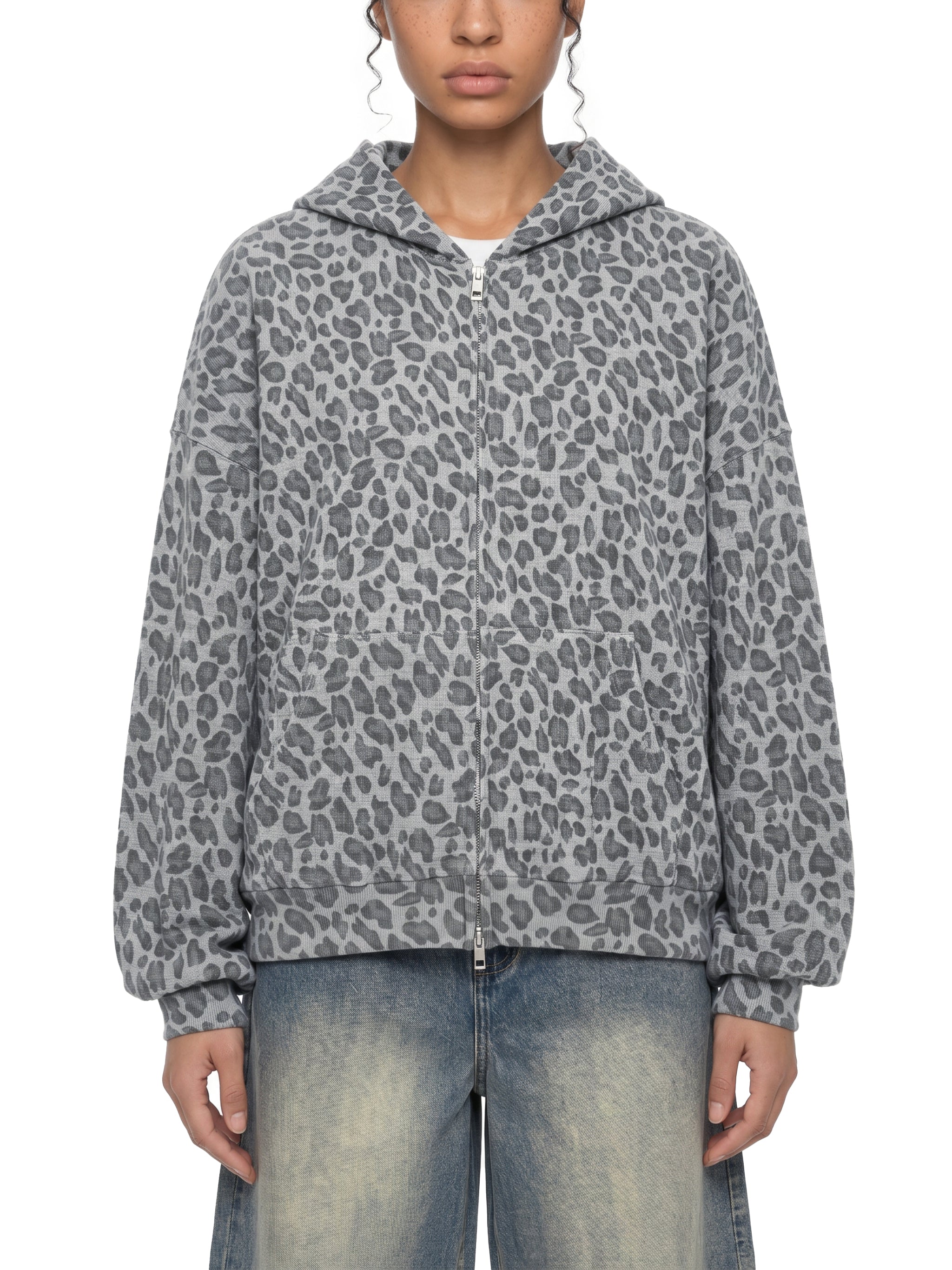 Leopard Print Waffle Full Zip Hoodie