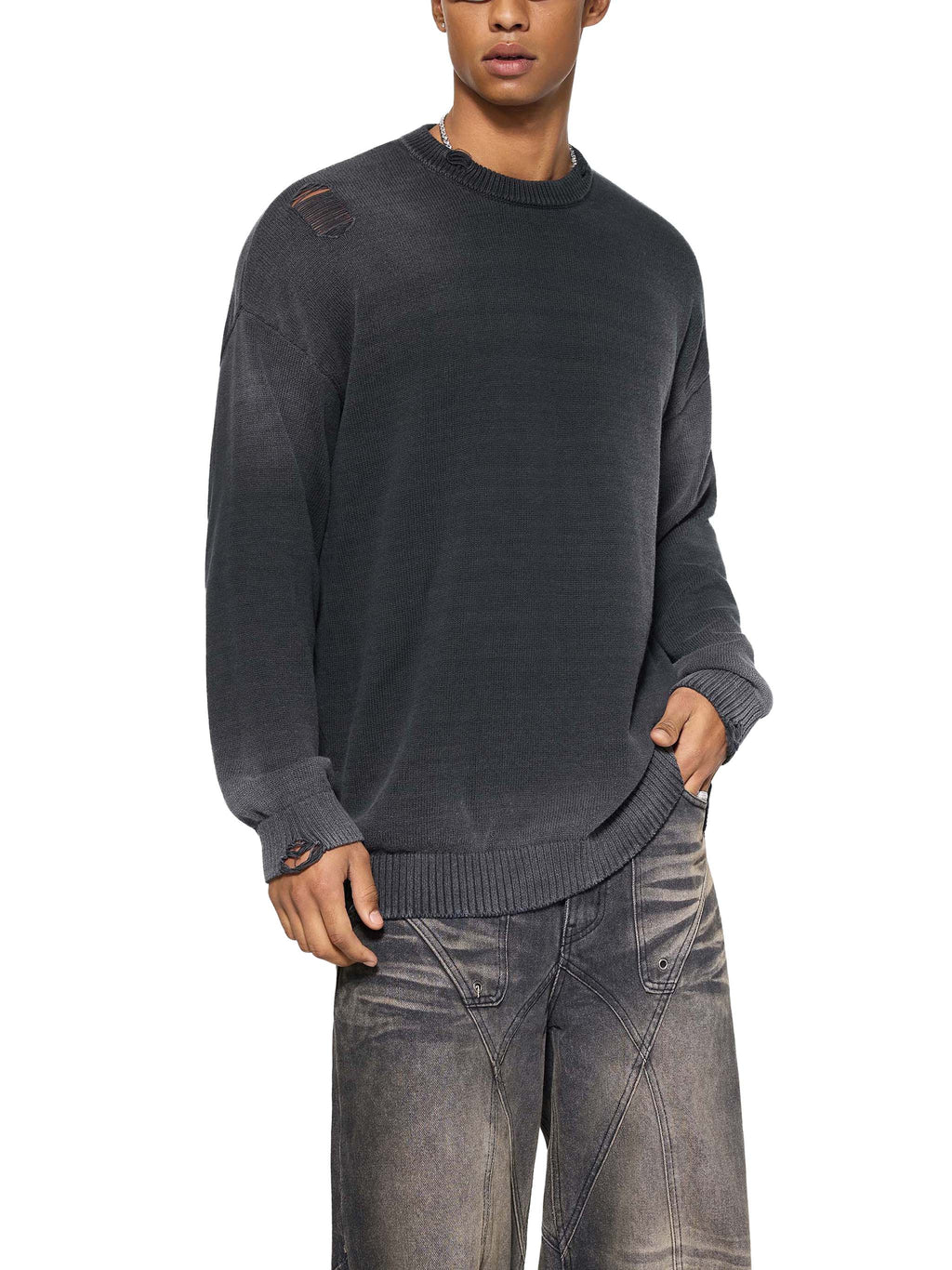 World Of Rock Distressed Ripped Crewneck Sweater