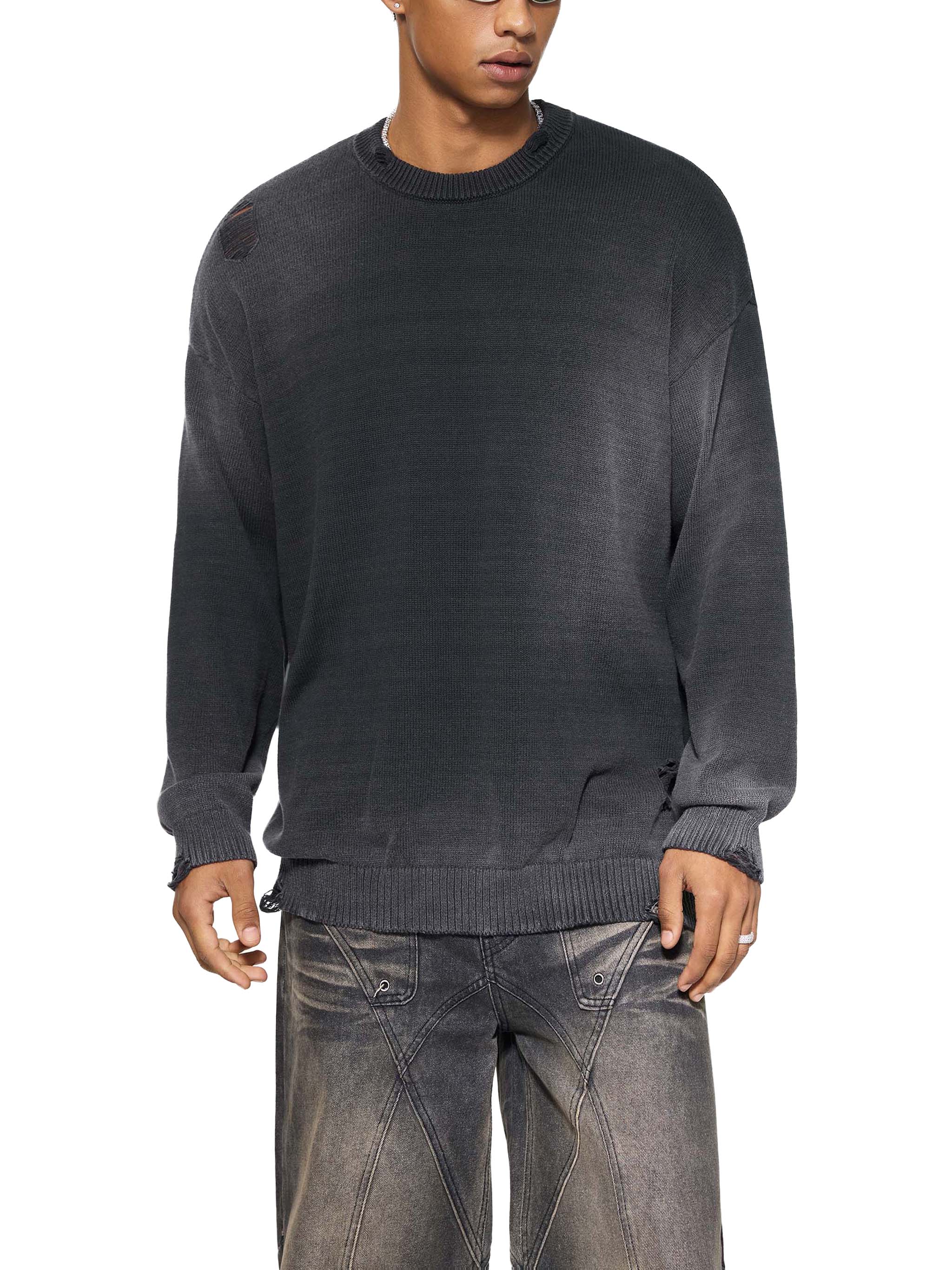 World Of Rock Distressed Ripped Crewneck Sweater