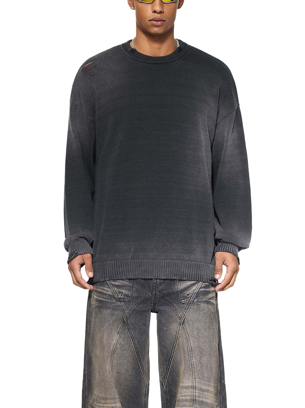 World Of Rock Distressed Ripped Crewneck Sweater