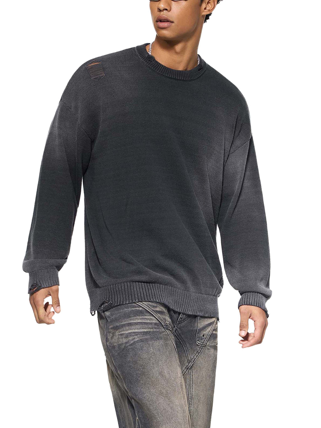 World Of Rock Distressed Ripped Crewneck Sweater